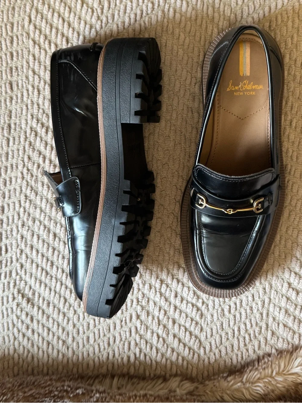 Sam Edelman Black Leather Loafers with Gold Hardware